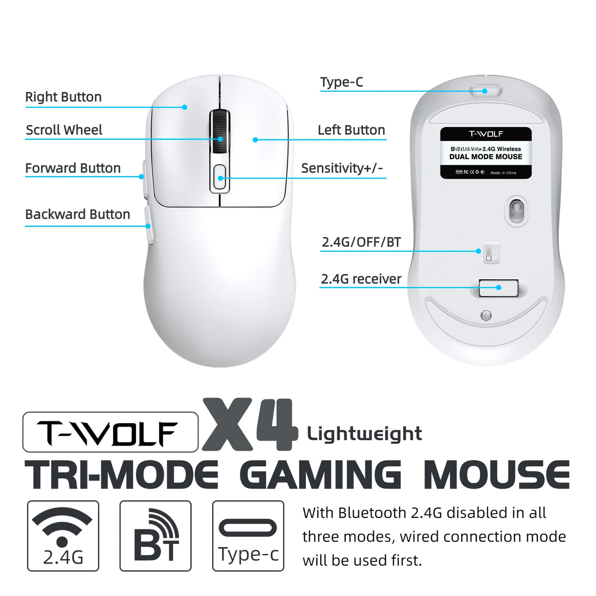 T-WOLF Tri-Mode Wireless RGB Gaming Mouse — 8,000 DPI
