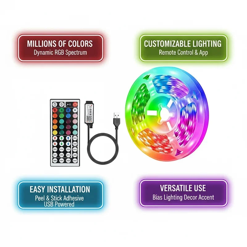 USB RGB LED Strip Lights — App & Remote Control, 2–20 m